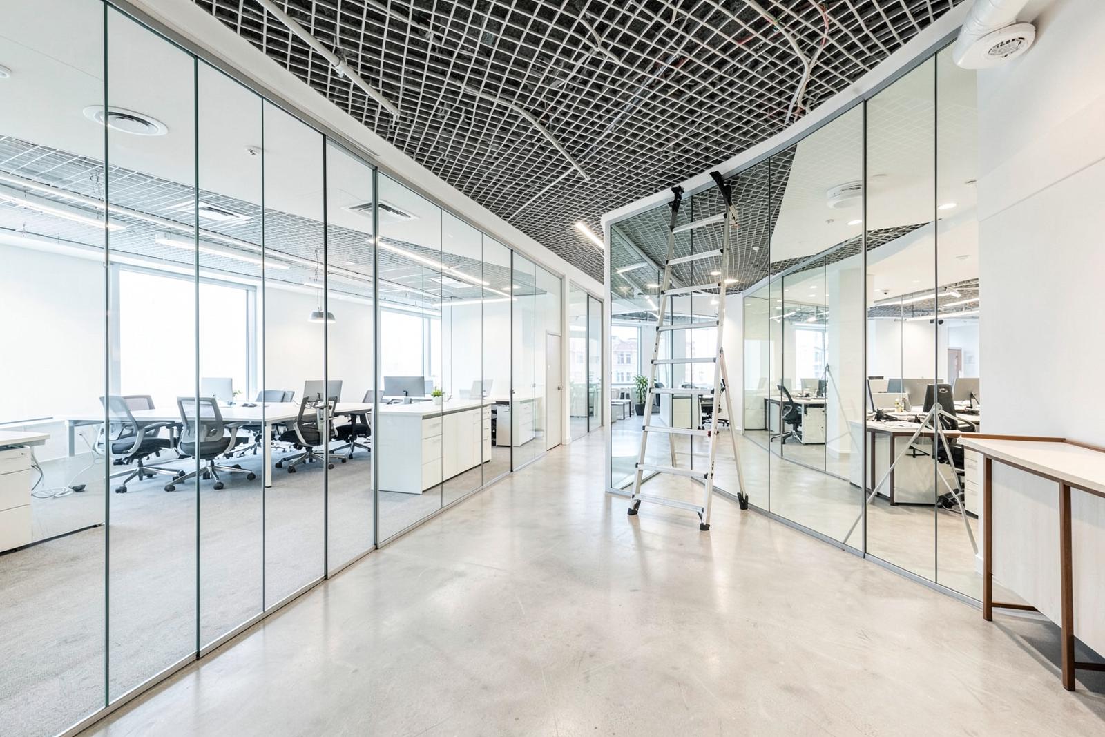 Büroausbau mit neuen Trennwänden und Bodenbelag