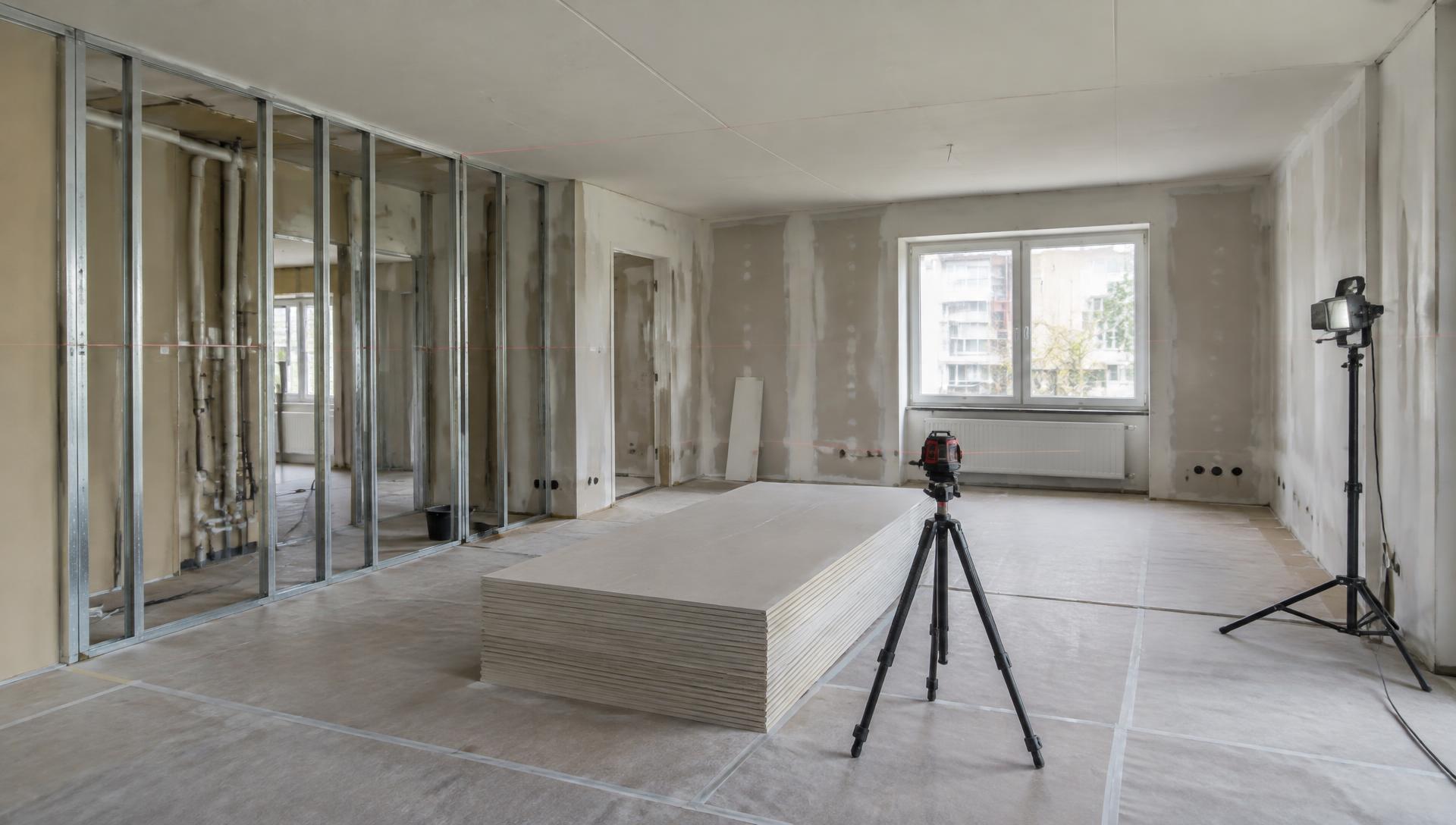Sauber organisierte Wohnungssanierung mit Trockenbau, Material und Lasermessung