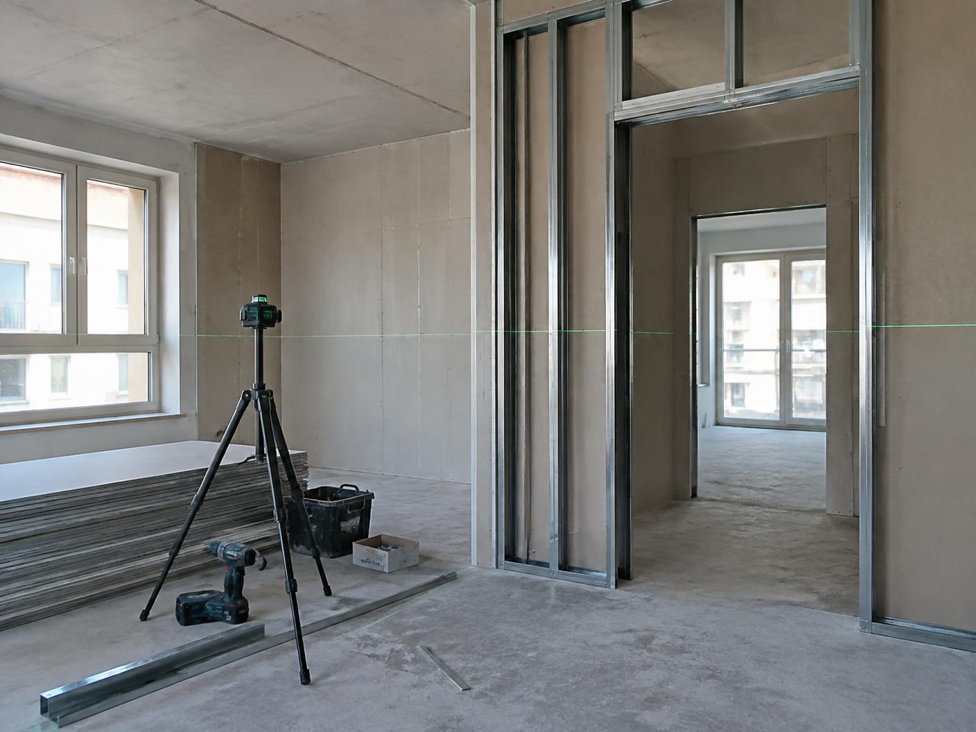 Trockenbau im Aufbau mit Metallständerwerk, Platten und Laser
